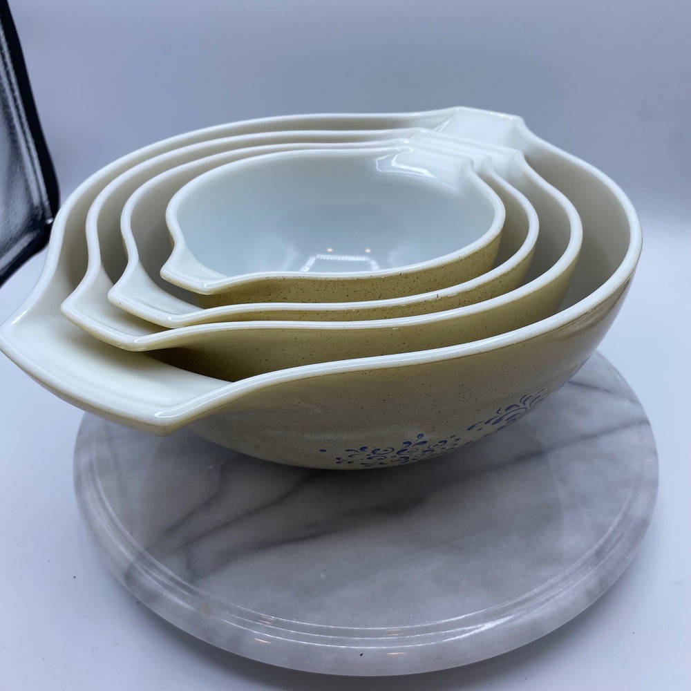 Pyrex Vintage Cinderella Nesting Mixing Bowl Set Blue Onion Speckled Tan 4pc - Picture 3 of 11